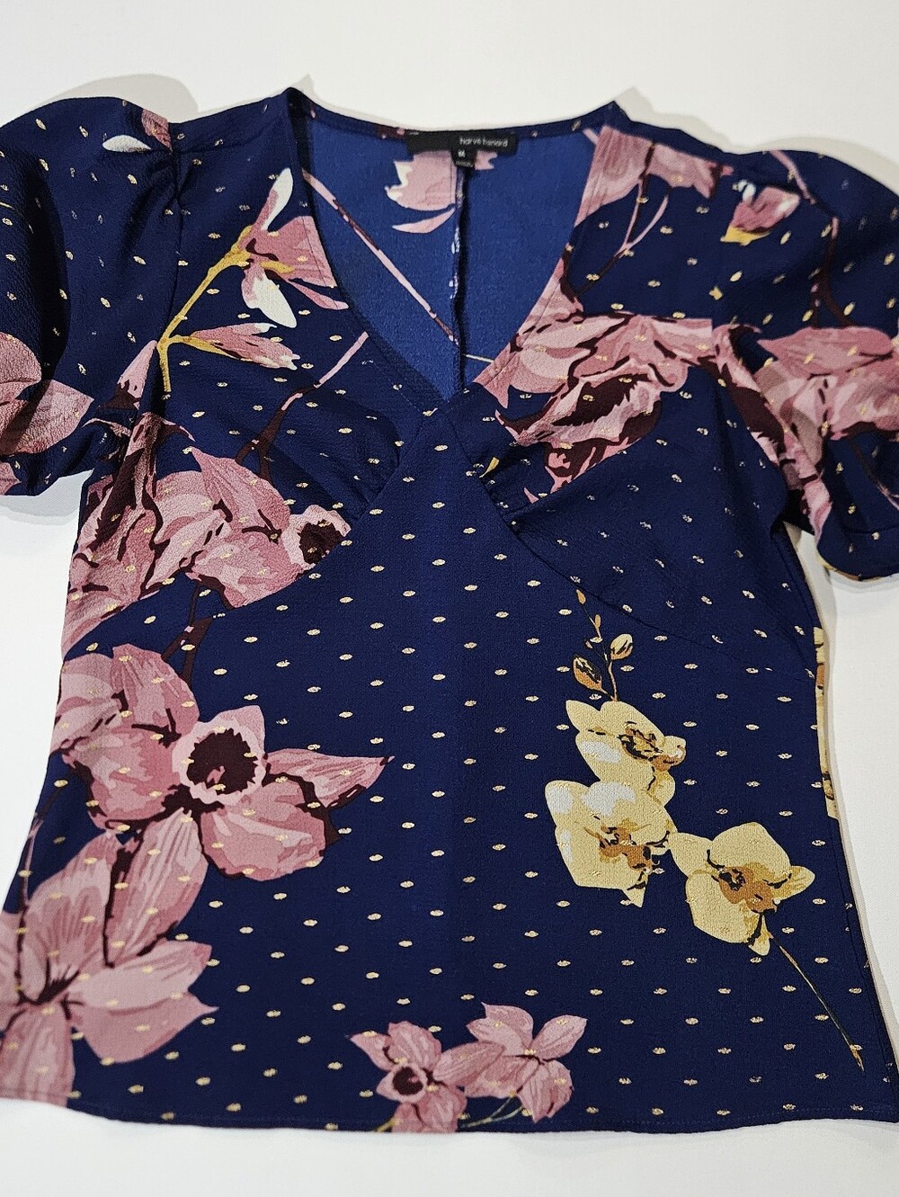 Harve Benard Floral Blouse Womens Medium Blue Pink Gold Speckled Relaxed Fit
